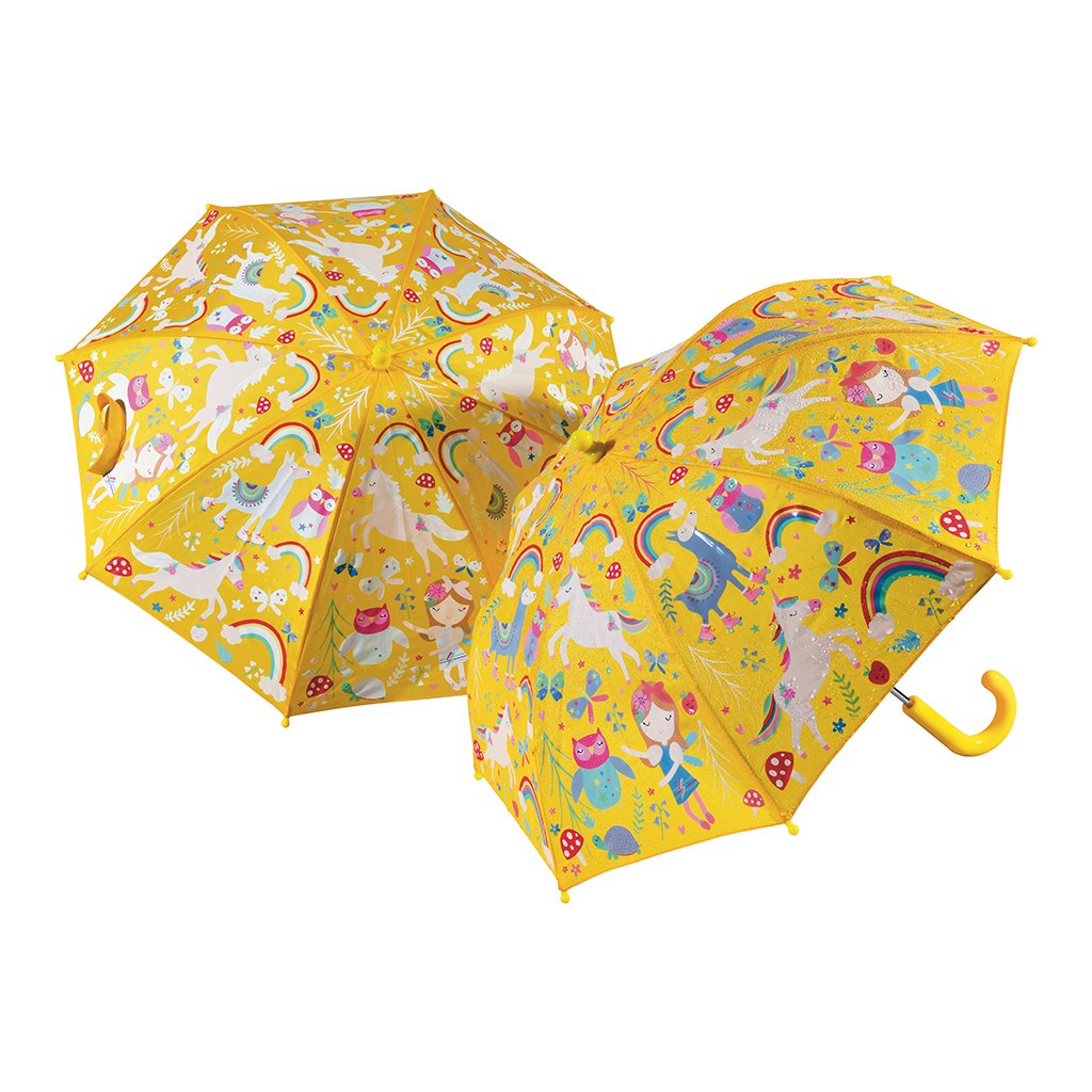 Color-Change Umbrella | Rainbow Fairy with yellow panels featuring unicorns, rainbows, and whimsical fairy designs for kids.