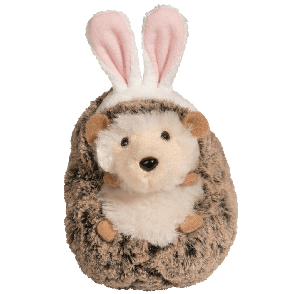 Hedgehog Spunky with Bunny Ears plush toy wearing pink bunny ears with cappuccino tips and cream accents.