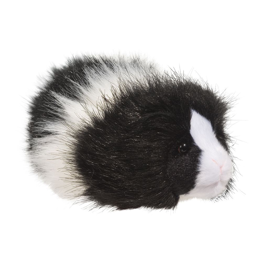 Guinea Pig plush toy with black and white long faux fur, lifelike face details, and soft cuddly texture, 8 inches long.