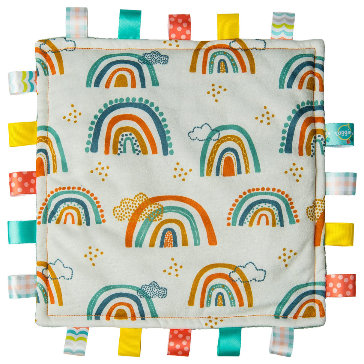 Taggies Blankie Rainbow with colorful rainbow patterns and looped ribbons for sensory play, soft and portable baby comforter.