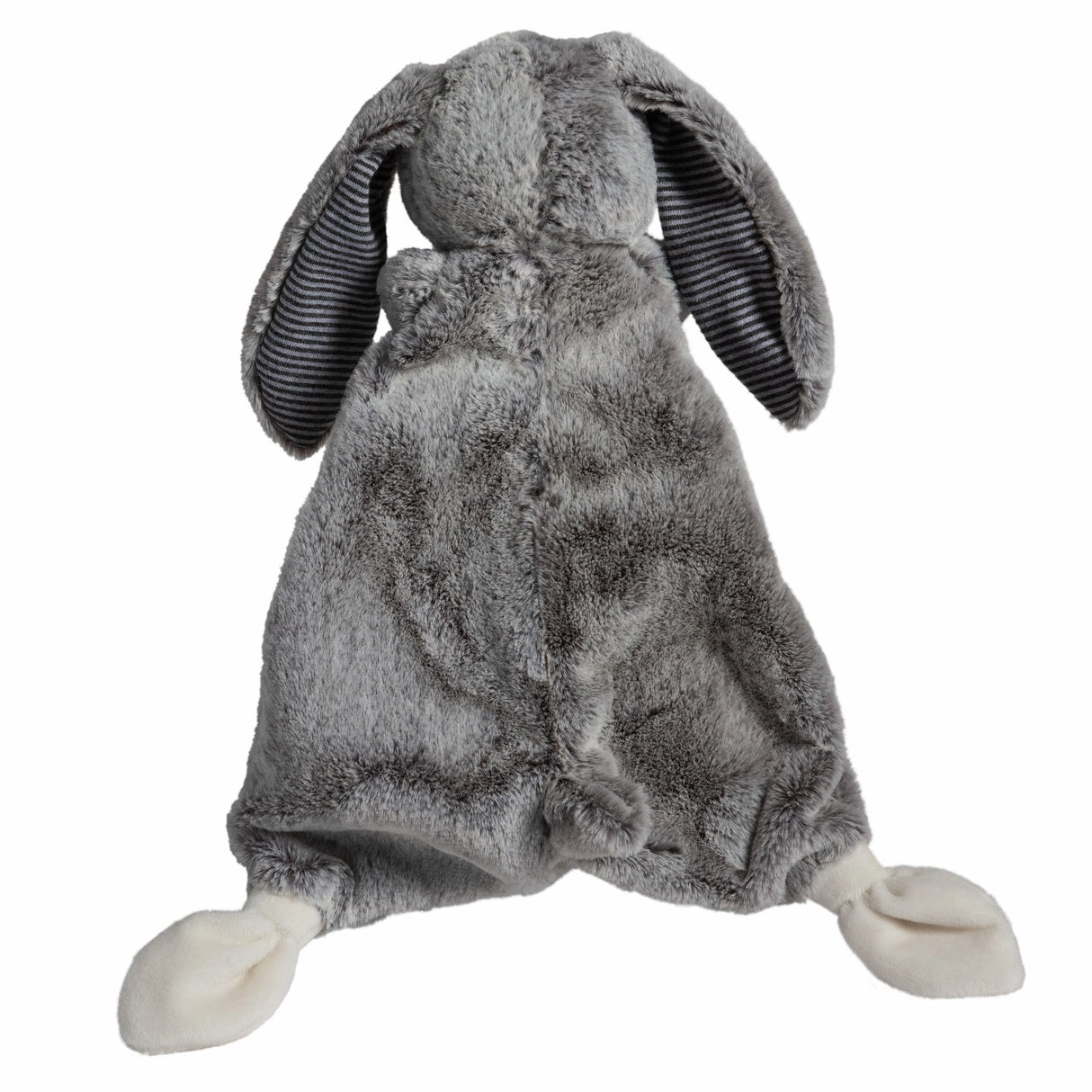 Silky Grey Bunny Lovey plush comforter with striped inner ears, cotton tail, and soft, flat body for cuddling.