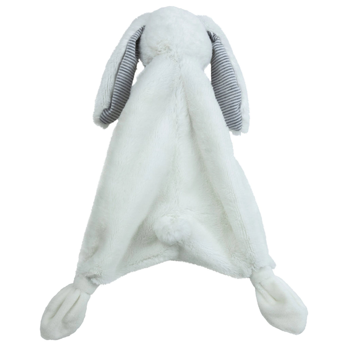 Silky White Bunny Lovey with soft white plush, striped inner ears, knotted corners, flat body, and cotton tail.