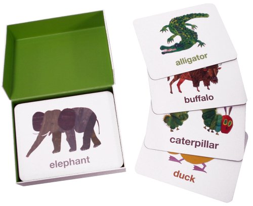 Eric Carle Animal Flash Cards showing colorful animal illustrations including elephant and alligator for kids learning ABCs.