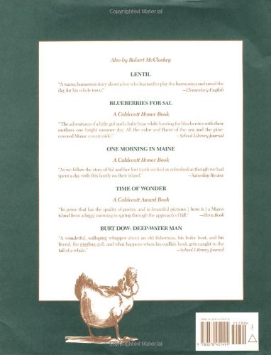 Make Way For Ducklings book back cover with descriptions of other Robert McCloskey titles and a drawing of a hen.