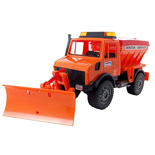 MB-Unimog Winter Service Truck with removable snow plow blade and functional salt spreader for ages 4+ in bright orange design.