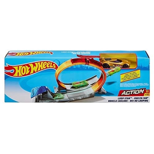 Hot Wheels Classic Stunts playset with orange loop track, launcher, and green Hot Wheels car for stunt action fun.