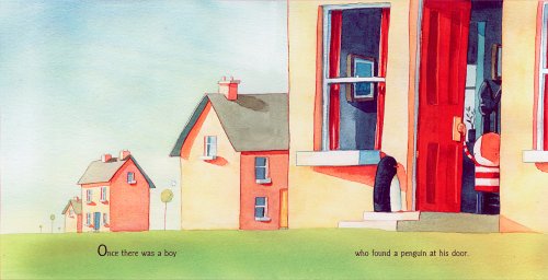 Illustration from Lost and Found showing a boy opening his door to a penguin on a sunny day.