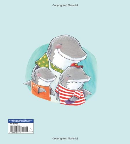 Cover illustration of Clark the Shark: Dares to Share featuring smiling sharks in colorful clothes on a light blue background.