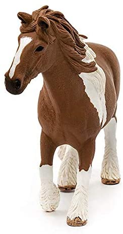 Tinker Horse Mare figurine with brown and white piebald coat, detailed mane, tail, and fetlocks, 5.5 x 1.8 x 4.3 inches.
