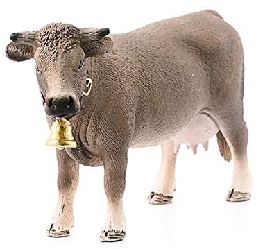 Braunvieh Cow figurine with brown coat and bell, detailed and muscular domestic cattle model from Switzerland.