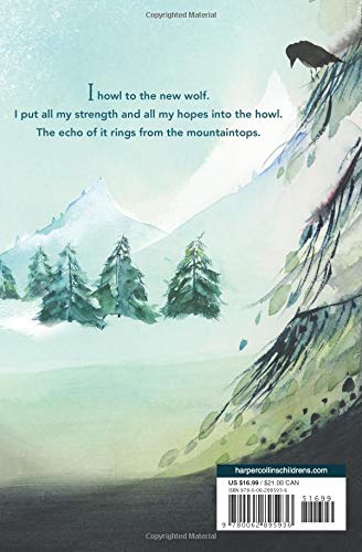 Back cover illustration of "A Wolf Called Wander" showing mountains, trees, and a crow on a rocky cliff.