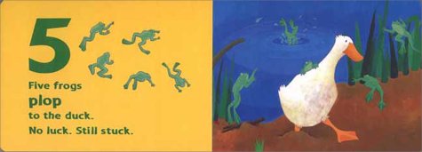 One Duck Stuck book page showing five frogs jumping and a white duck standing in water and reeds.