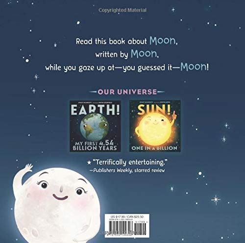 Back cover of Moon! Earth's Best Friend showing stars, other books in the Our Universe series, and a smiling moon illustration.