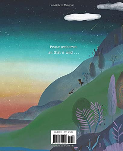 Back cover illustration of "Wild Peace" showing a girl and dog in a colorful forest under a twilight sky with the text "Peace welcomes all that is wild.