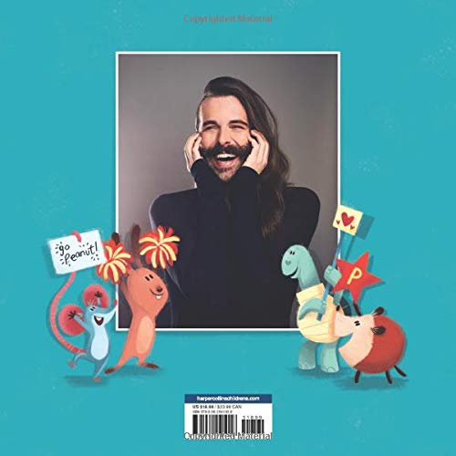 Back cover of Peanut Goes for Gold featuring author Jonathan Van Ness and illustrated animal characters cheering.