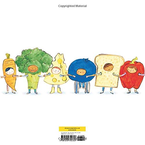 Children dressed as carrot, broccoli, cheese, blueberry, bread, and pepper holding hands in Second Banana book illustration.