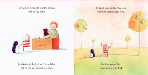Open book spread from Lost and Found showing a boy and a penguin near a lost and found box outdoors with trees.