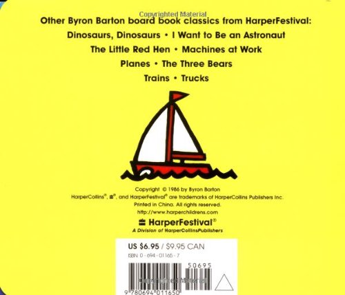 Back cover of the board book "Boats" showing a simple sailboat illustration on a bright yellow background.