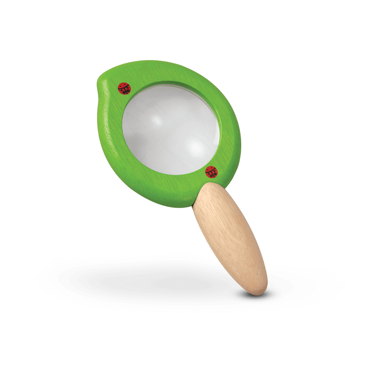 Wooden Leaf Magnifier with green leaf design and natural wood handle, perfect for children’s outdoor exploration and learning.