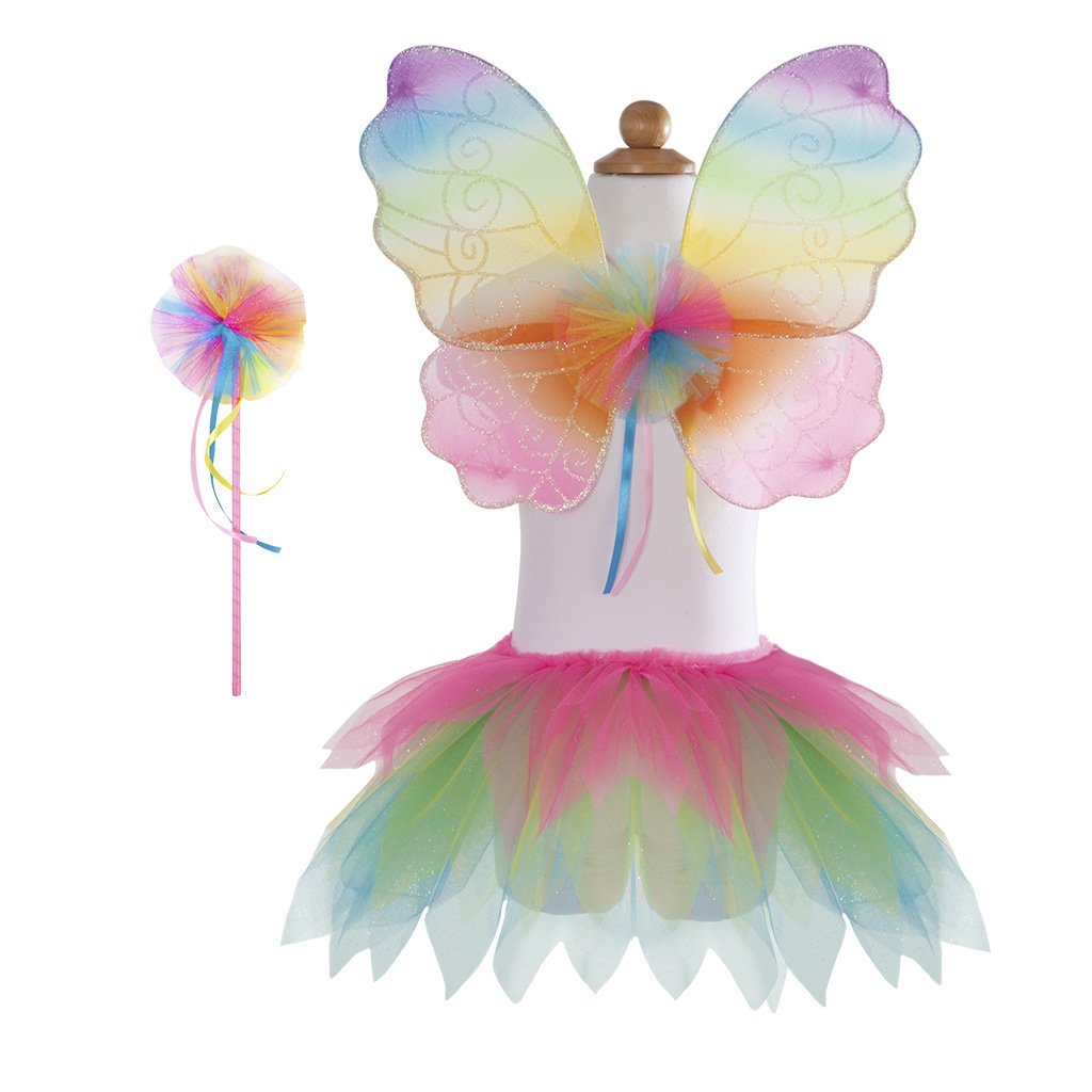 Neon Rainbow Skirt Wings & Wand Set with soft glitter tulle tutu, rainbow wings, and matching wand for kids size 4-7.