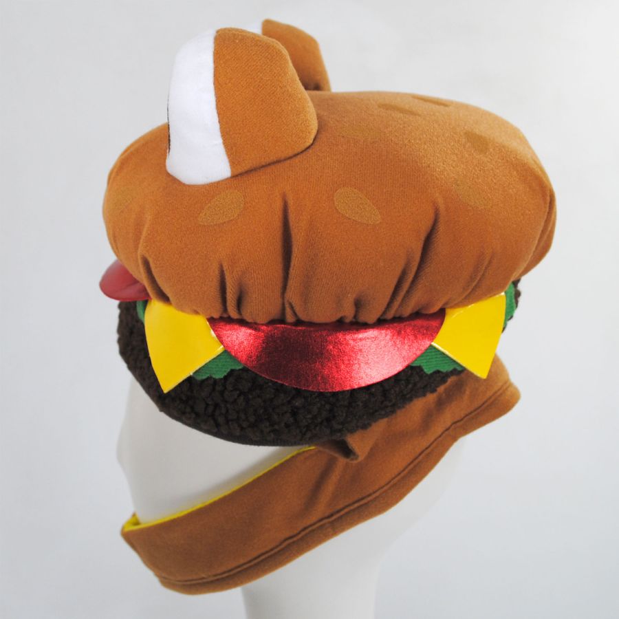 Cheeseburger Hat with embroidered bun, meat, tomato, cheese, and lettuce designed for costume parties.