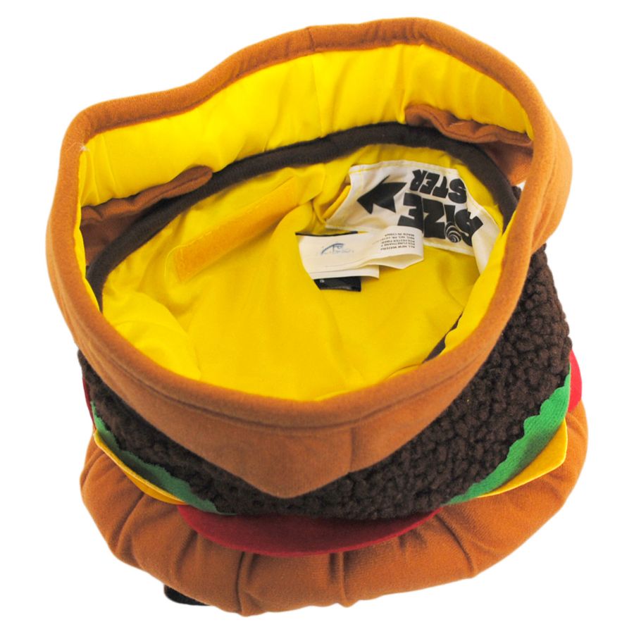 Cheeseburger Hat showing plush interior with yellow lining and Velcro size adjuster for a comfortable fit.