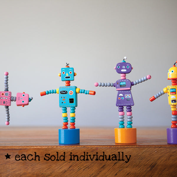 ThumbToy Robot push puppets in assorted colors, extra large and fun, standing on wooden bases with arms outstretched.