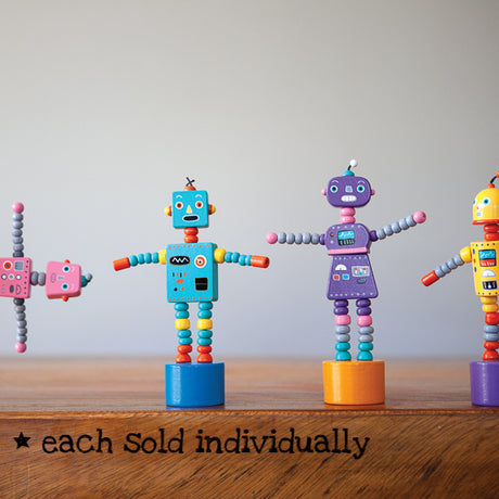 ThumbToy Robot push puppets in assorted colors, extra large and fun, standing on wooden bases with arms outstretched.