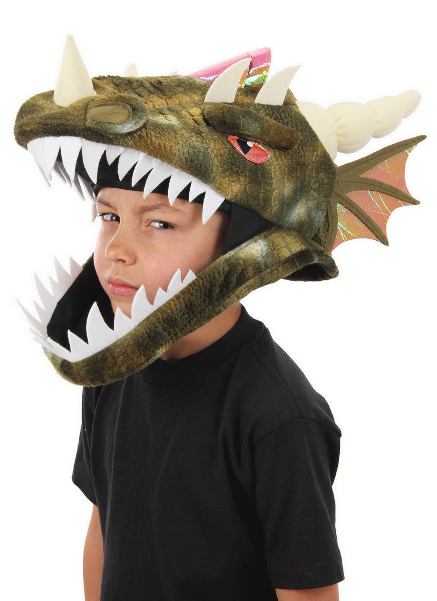 Child wearing Dragon Jawesome Hat with green velboa, felt teeth, ivory horns, and iridescent scale wing details.