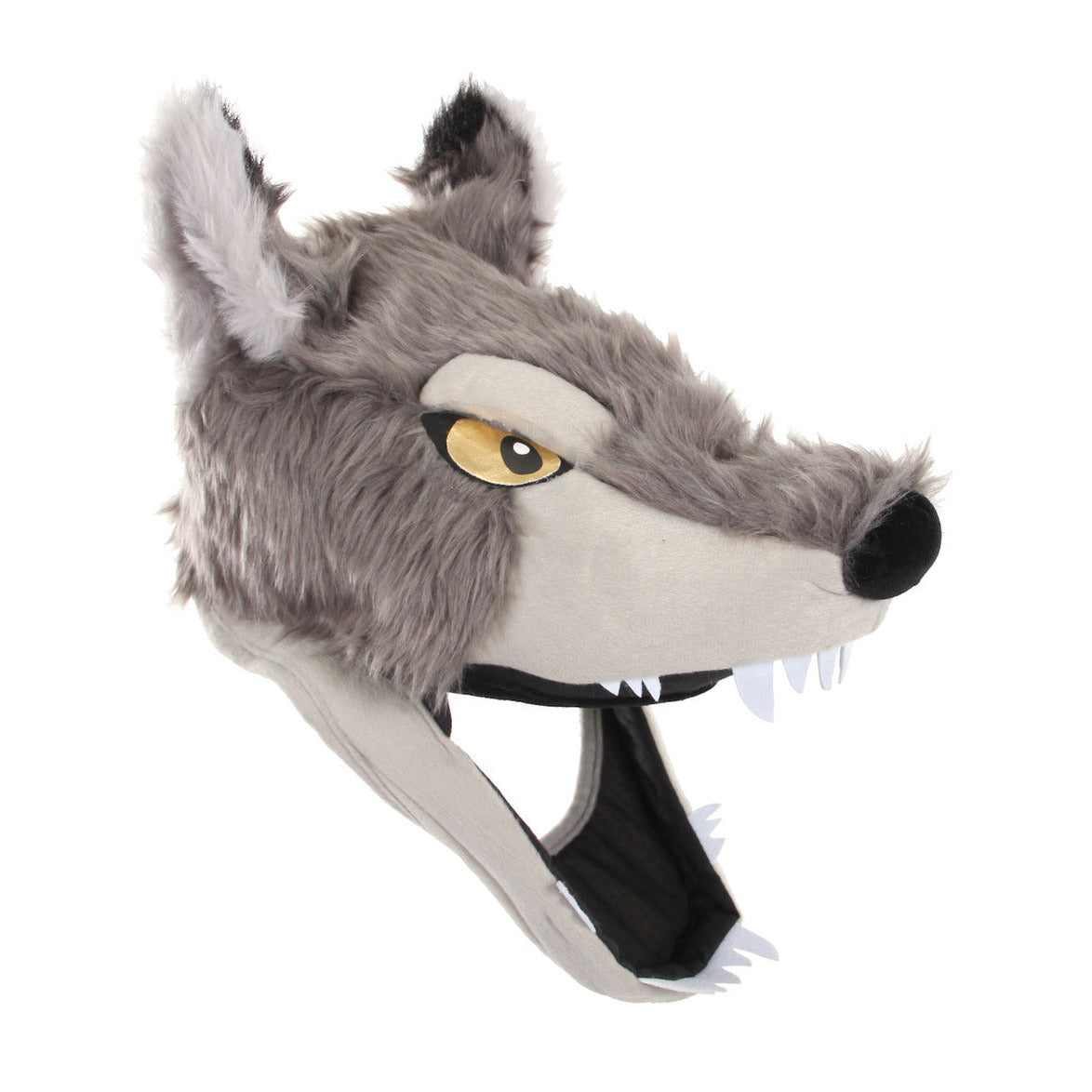 Wolf Jawesome Hat with gray faux fur, gold lam eyes, felt teeth, and adjustable size for comfortable wear.