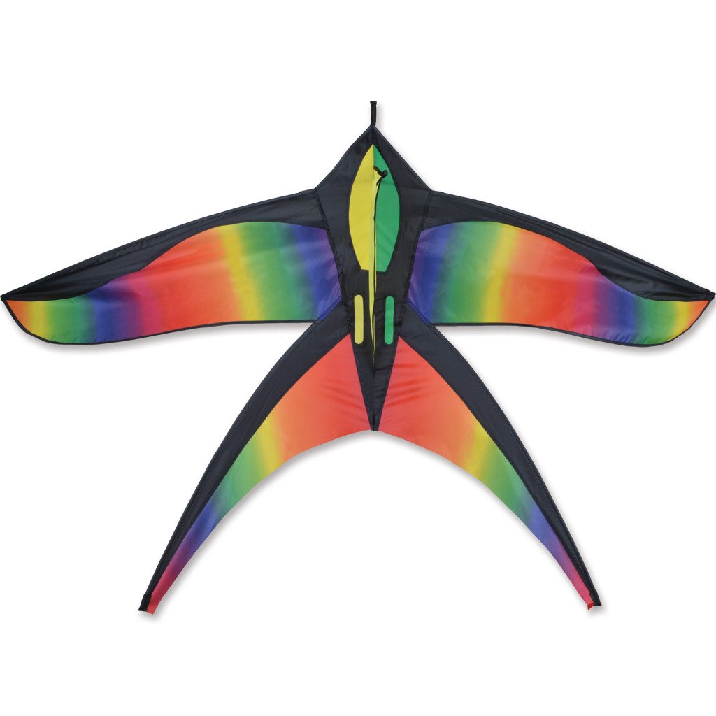 Rainbow Skylark Kite with vibrant rainbow gradient fabric and bird-inspired design, ideal for easy assembly and flying.