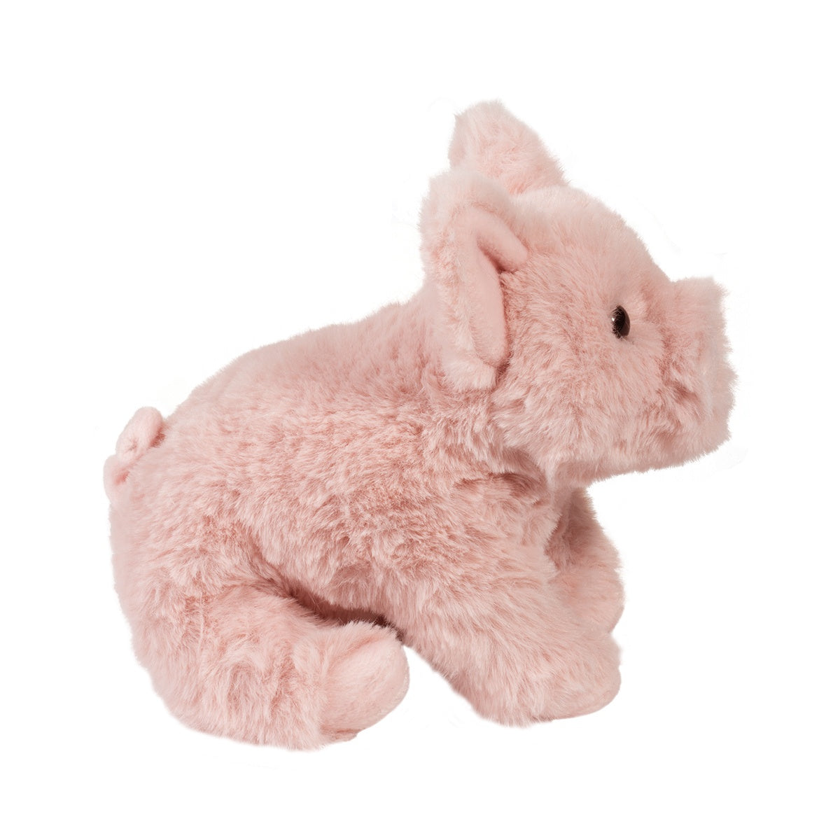 Pig Pinkie plush toy showing soft pink fur, rounded body, big ears, and embroidered snout in a side view.