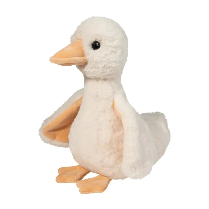 Soft cream-colored Goose Ginnie plush with pale orange beak and feet, sitting upright with friendly dark eyes.