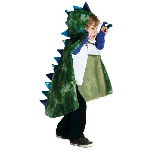 Child wearing Dragon Cape with Claws featuring textured green velour, spikes, and stuffed claws for imaginative play.