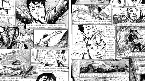 Lost Trail graphic novel pages showing a boy's survival journey in the Maine wilderness during a storm.