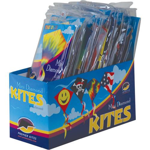 Mini Diamond Kite in assorted fun designs, packaged individually in a colorful display box with vibrant patterns.