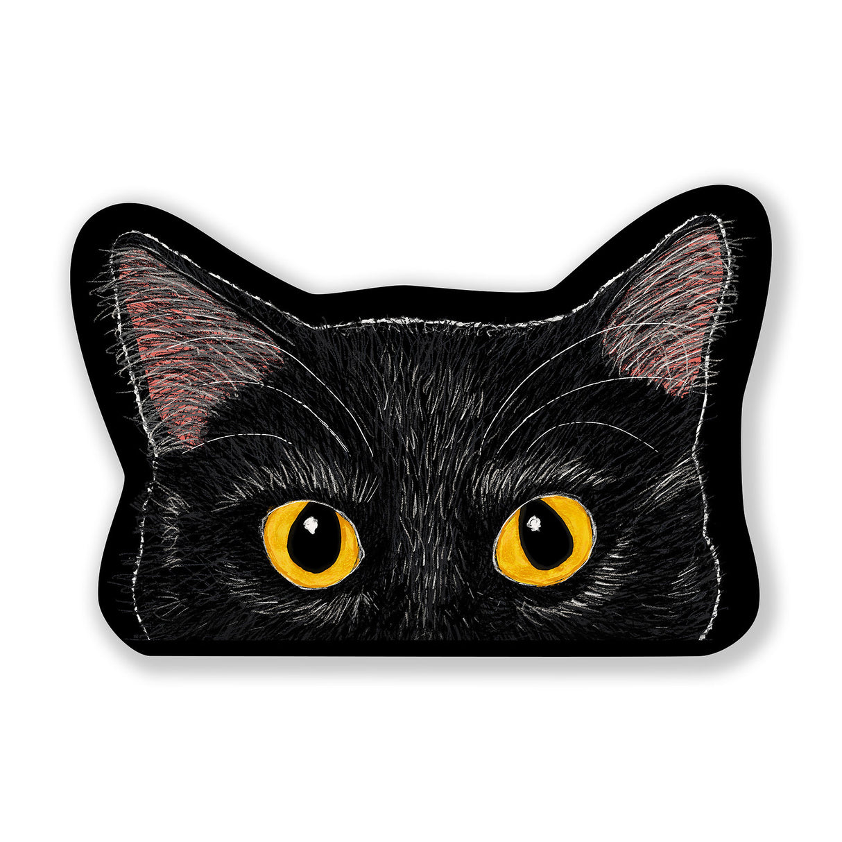 Tinker Cat Sticker featuring detailed black cat ears and yellow eyes, waterproof vinyl perfect for water bottles and gear.