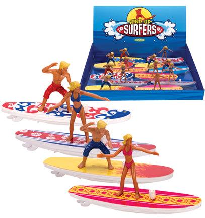 Wind-Up Surfer toy figures with colorful boards and swimsuits, ready to wind up and surf in water.