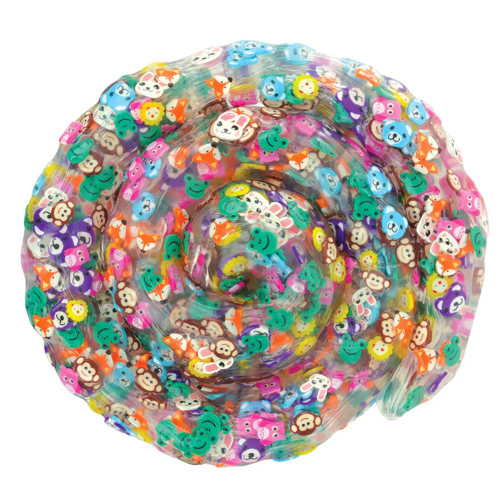 Colorful swirl of Hide Inside! Party Animals Thinking Putty with six playful animal faces embedded inside.