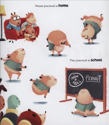 Peanut Goes for Gold illustration shows a guinea pig practicing gymnastics at home and school with joy and flair.