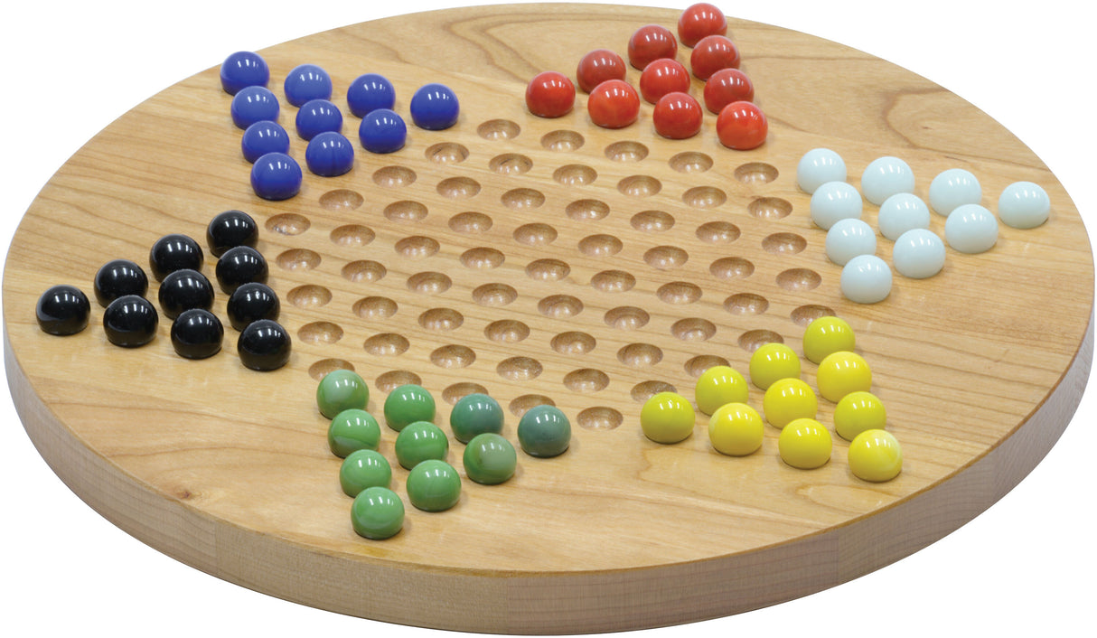 Chinese Checkers wooden game board with colored marbles arranged, solid cherry wood, round 11.5" diameter, Chinese Checkers.