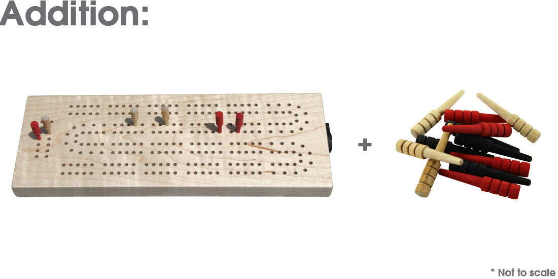 Continuous Track Maple Cribbage board made of maple hardwood with pegs and peg storage compartment shown.