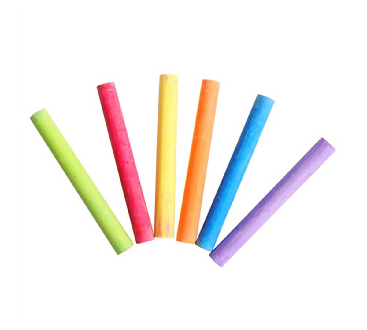 Chalk Colored set with six vibrant chalk sticks in green, red, yellow, orange, blue, and violet for indoor and outdoor fun.