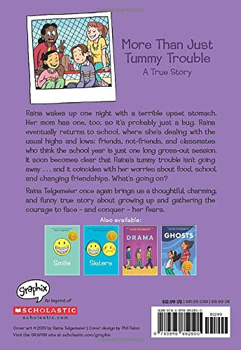 Back cover of Guts by Raina Telgemeier showing synopsis and images of related graphic novels.