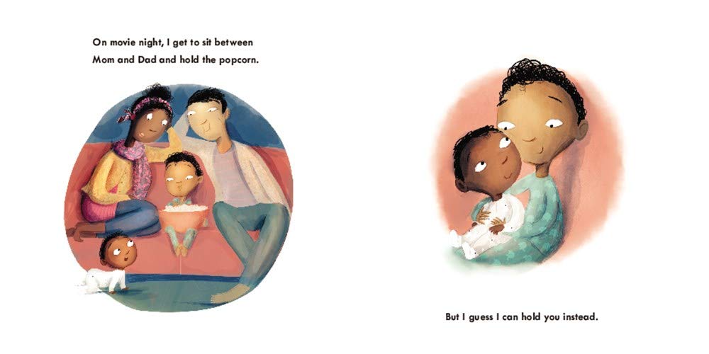 Illustration from It's Big Brother Time showing a big brother holding baby while family watches a movie night together.