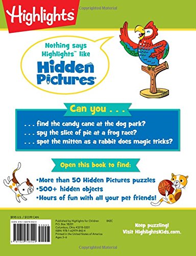 Highlights Hidden Pictures: Pet Sticker Puzzles book cover featuring colorful pet illustrations and puzzle details.
