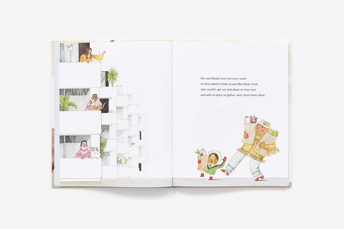 Sofia Valdez, Future Prez book open to colorful illustrations of Sofia and Abuelo carrying groceries.