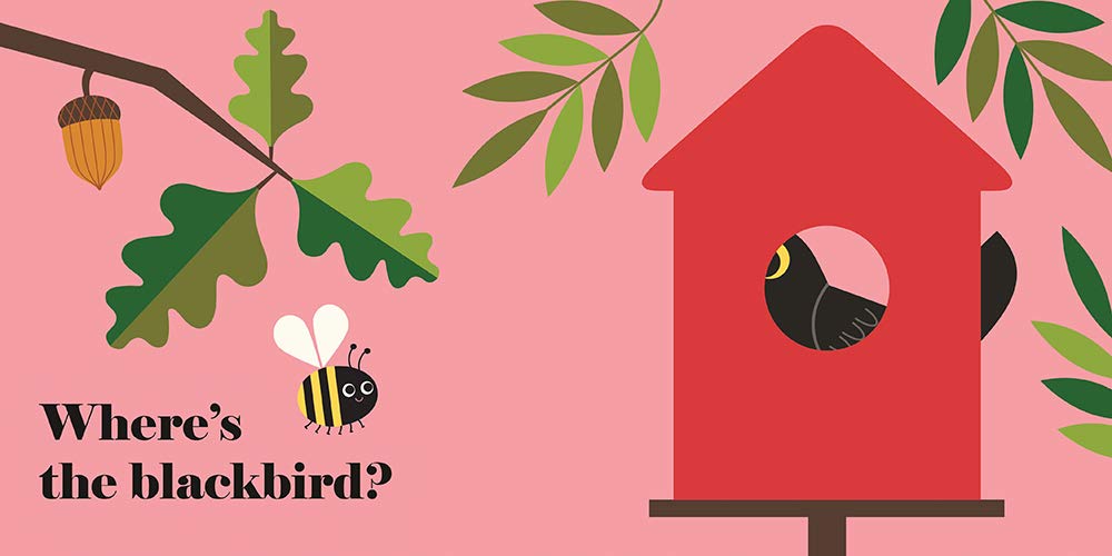 Illustration from "Where's the Puffin?" showing a blackbird peeking from a red birdhouse with leaves and a bee nearby.