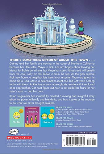Back cover of Ghosts showing an illustrated fountain with two children and a snowman under a dark sky.