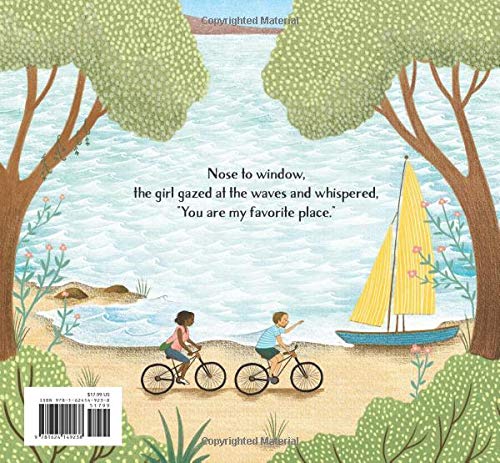 Little Blue Cottage book back cover illustration with children biking near a lake and a sailboat under trees.